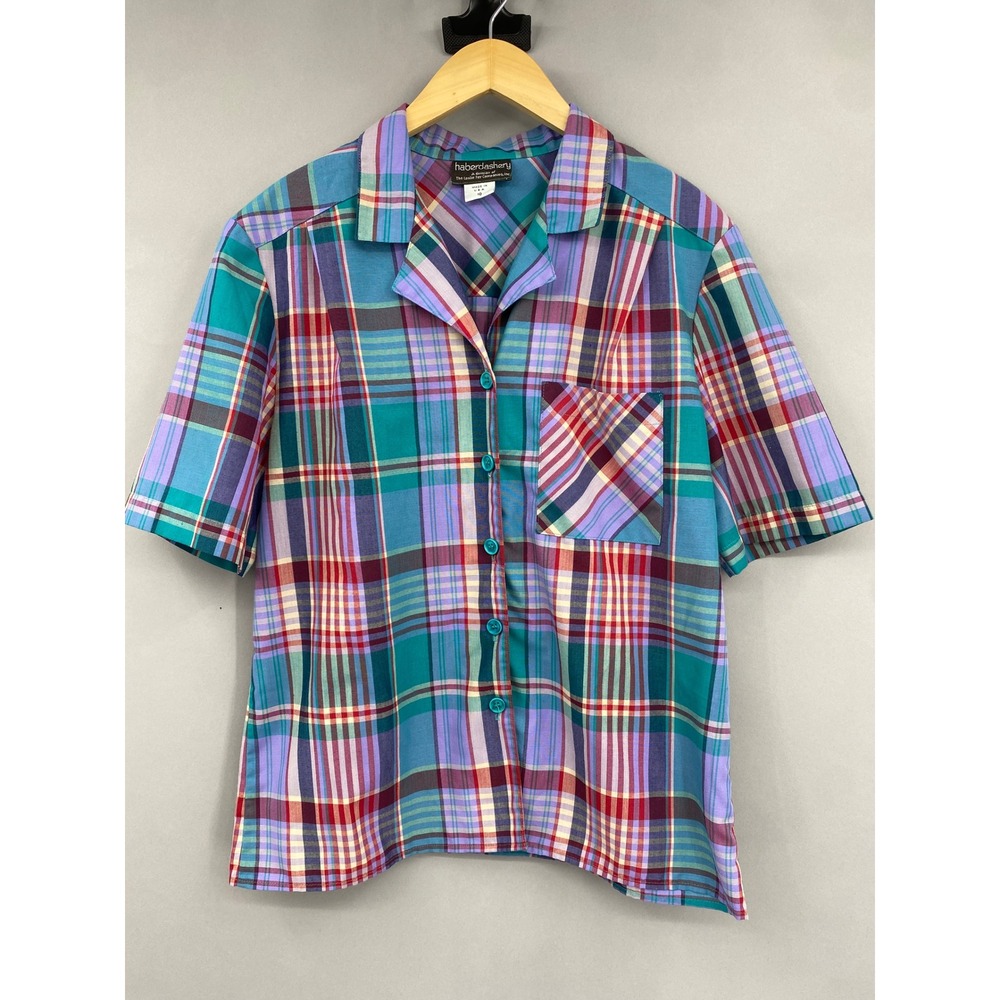 Vintage 80s Haberdashery Plaid Button Up Shirt Women 10 Short Sleeve Teal Purple